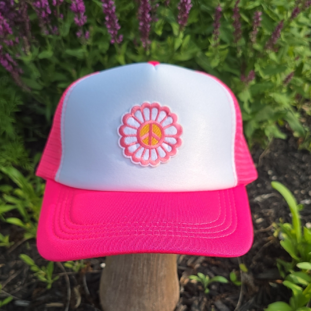 Pink and White Trucker Hat with Peace Flower